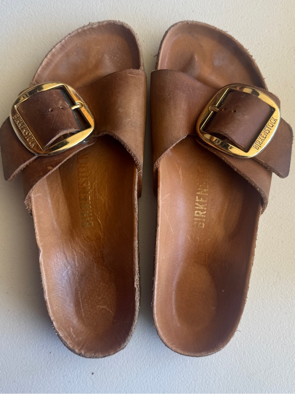 Birkenstock Madrid Big Buckle Leather Slide Sandals in Cognac/Brown Womens 39